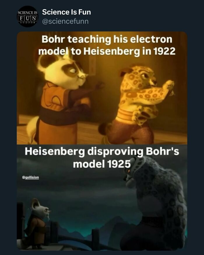 Animated characters humorously depict Bohr teaching the electron model and Heisenberg disproving it in science memes.