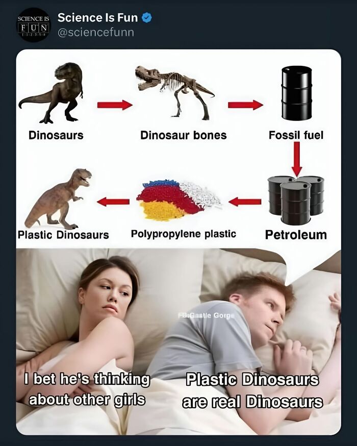 A humorous science meme explaining the evolution from dinosaurs to plastic dinosaurs linked to science memes and interesting posts.