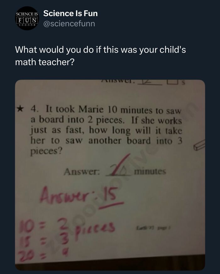 Funny science meme showing a math problem with incorrect answers, capturing humor in science memes and interesting posts.
