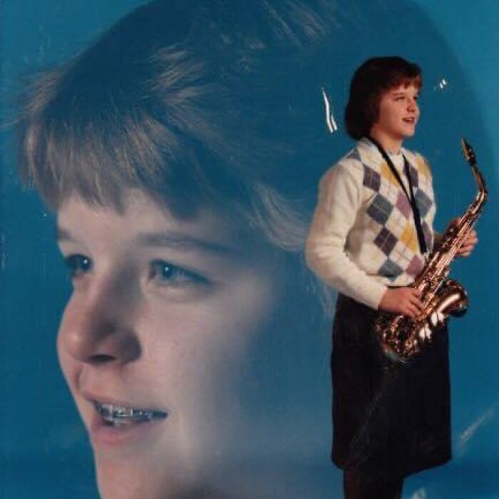 Double-exposure style school picture of a boy with braces holding a saxophone, showcasing a funny school picture day fail.