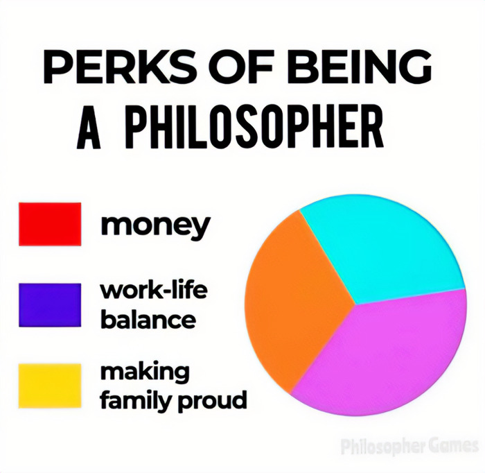 Pie chart showing perks of being a philosopher, highlighting money, work-life balance, and making family proud in philosophy memes.