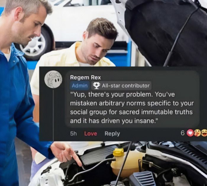 Two men inspect a car engine while a philosophy meme about arbitrary social norms and immutable truths appears on screen.