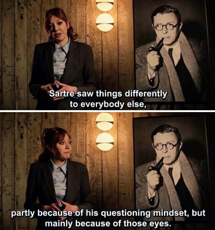 Woman in suit presenting philosophy meme about Sartre’s mindset and eyes with vintage photo in dimly lit room.