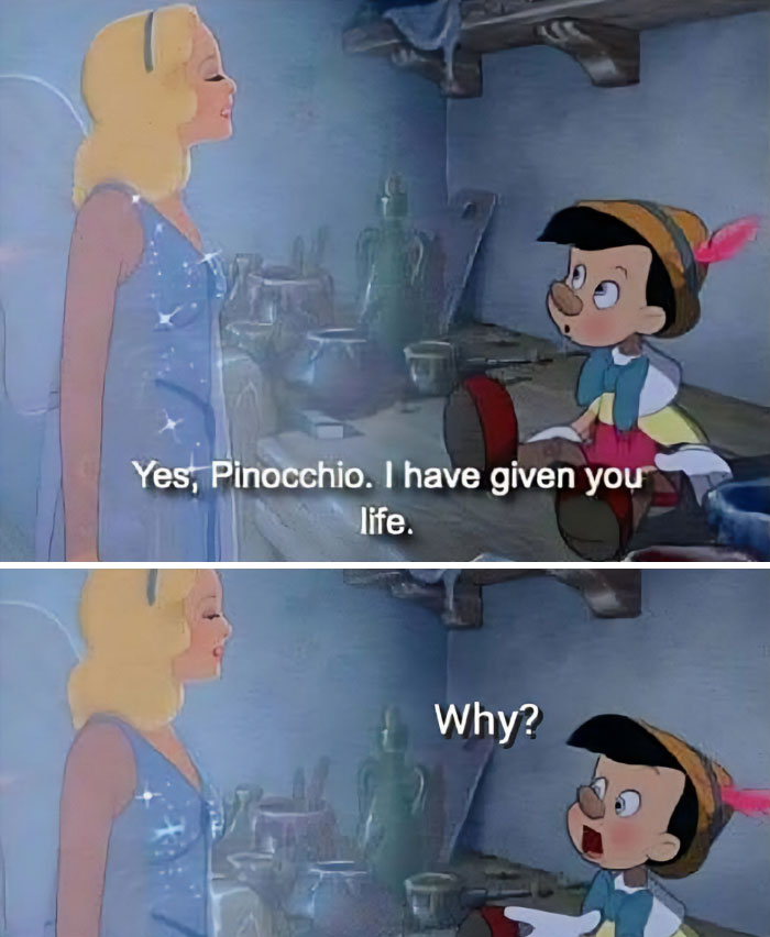 Animated scene of Pinocchio and a fairy discussing life, a humorous philosophy meme about existential dread and meaning.