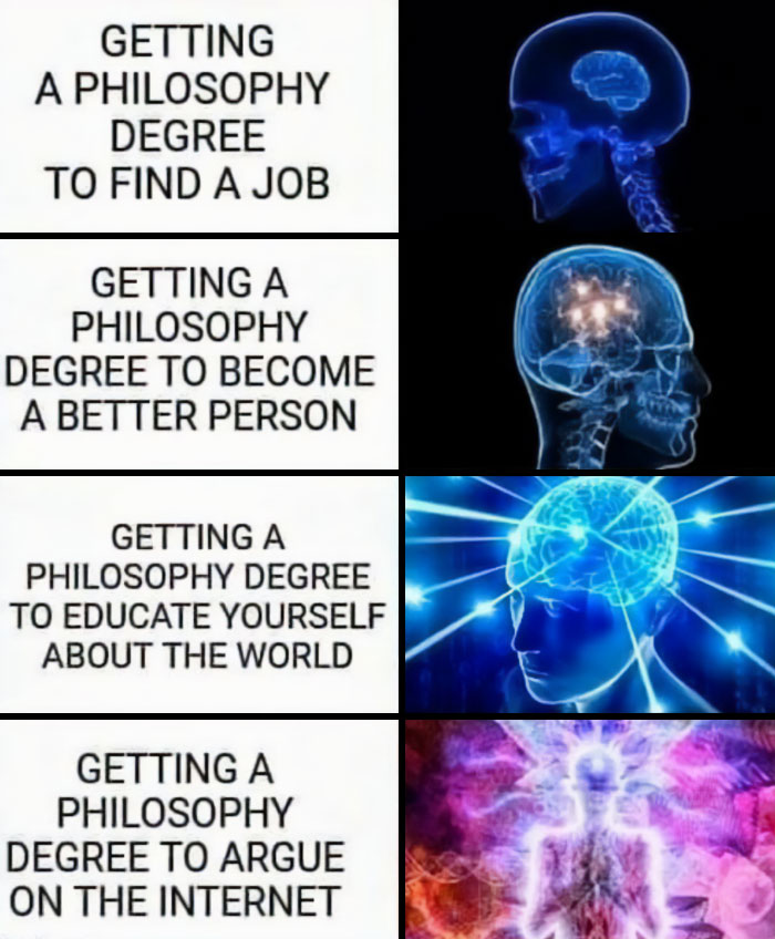 Philosophy memes showing brain evolution with getting a philosophy degree for jobs, self-improvement, knowledge, and arguing online.
