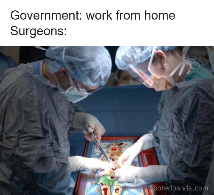Surgeons in full scrubs performing surgery on a board game, illustrating tired doctors meme humor.