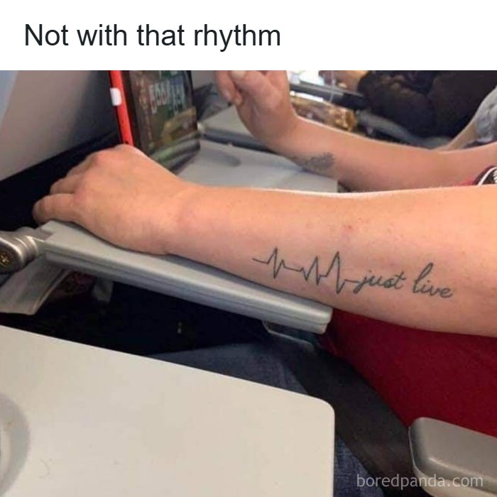 Arm tattoo of a heartbeat line with the words just live, shown in a casual setting, fitting tired doctors and patients memes.