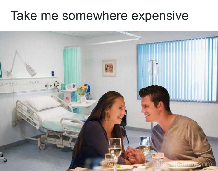 Couple holding hands and smiling in a hospital room with a medical bed, depicting tired doctors or patients meme.