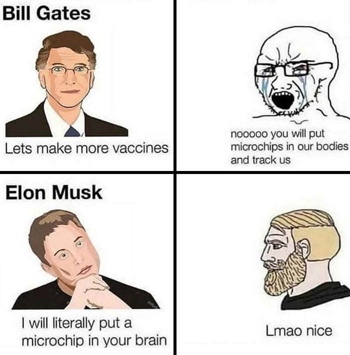 Meme featuring Bill Gates and Elon Musk discussing vaccines and microchips, reflecting doctor and patient fatigue humor.