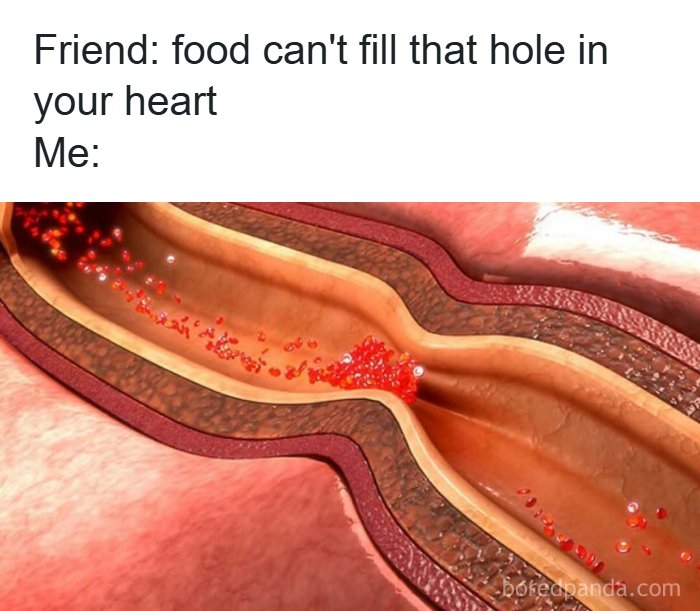 Cross-section of a clogged artery with blood cells struggling to pass, humorously relating to medical memes for tired doctors and patients.