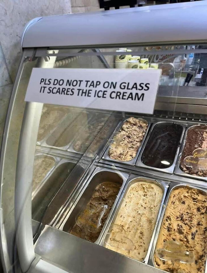 Ice cream display case with a humorous sign warning not to tap the glass to avoid scaring the ice cream.