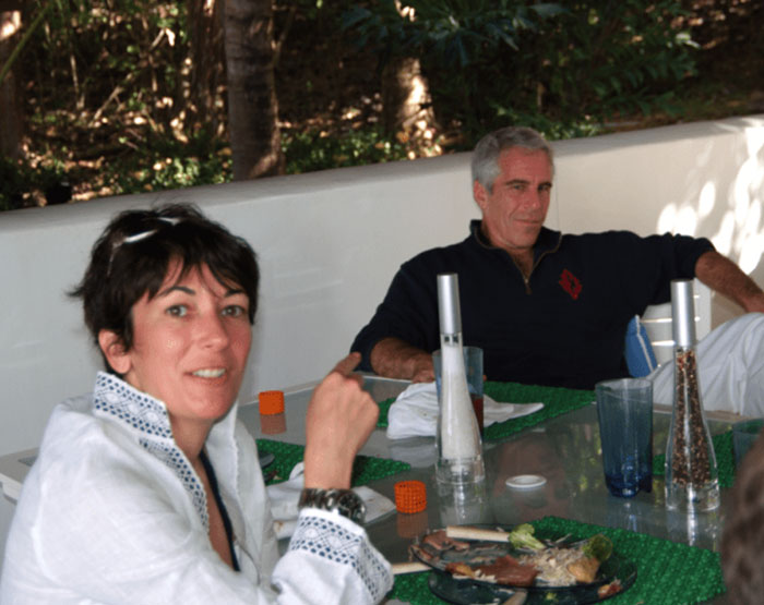 Ghislaine Maxwell and Jeffrey Epstein seated at an outdoor table with plates of food, sparking prison job rumors.