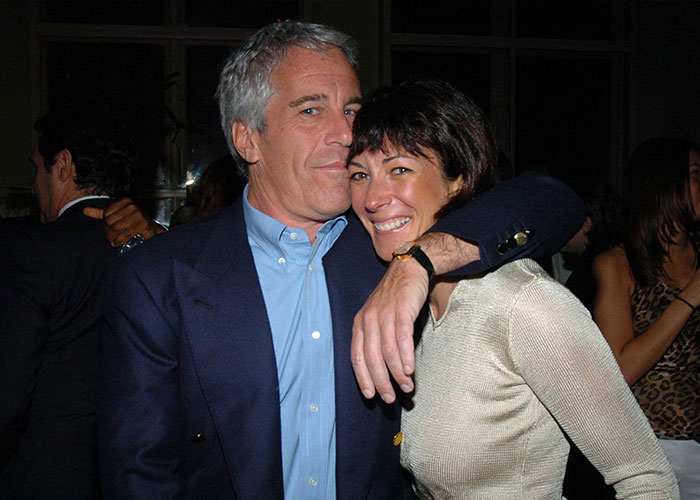 Ghislaine Maxwell with a man at a crowded indoor event, highlighting prison feuds and hygiene issues in her story.