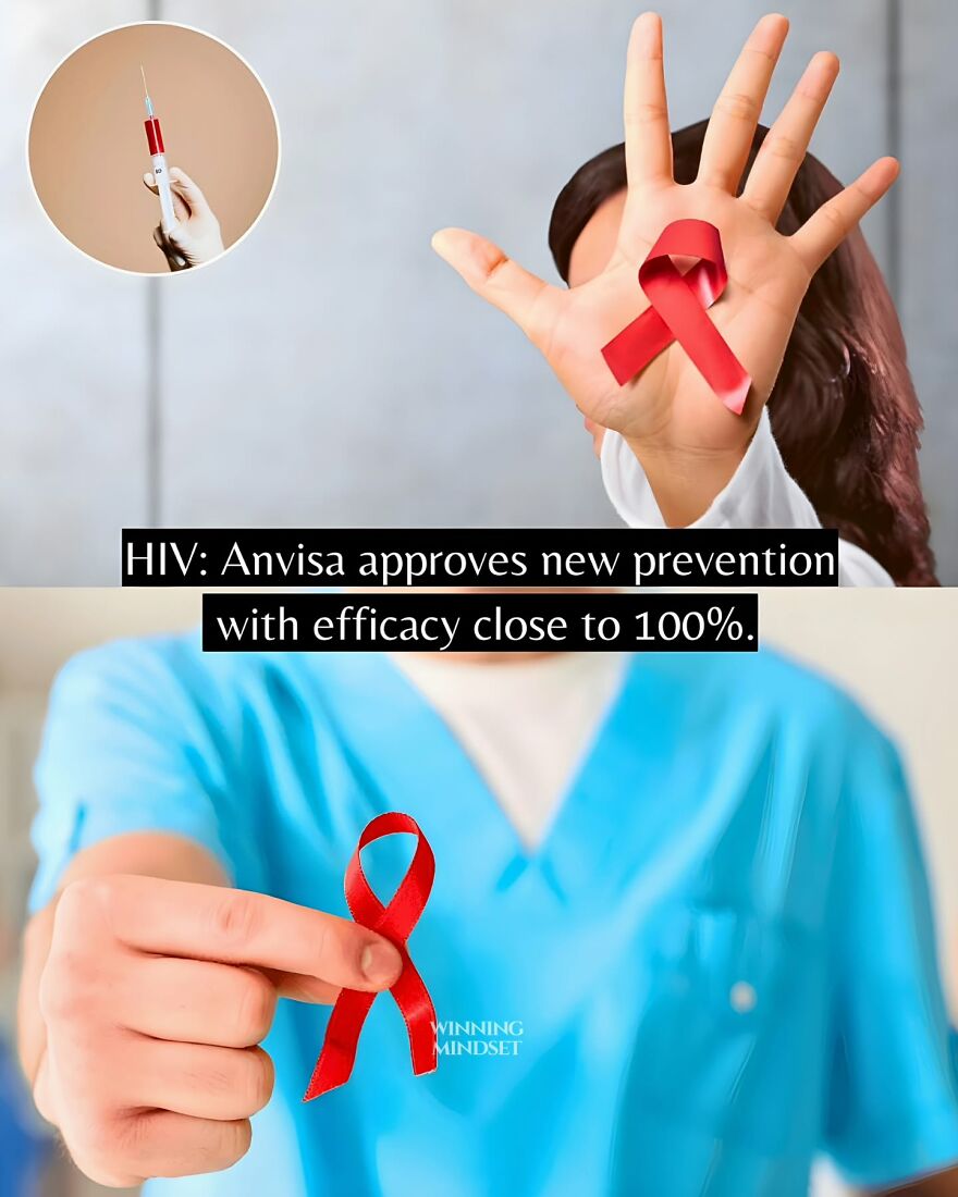 Healthcare worker holding red HIV awareness ribbon and syringe, highlighting new prevention with near 100% efficacy.