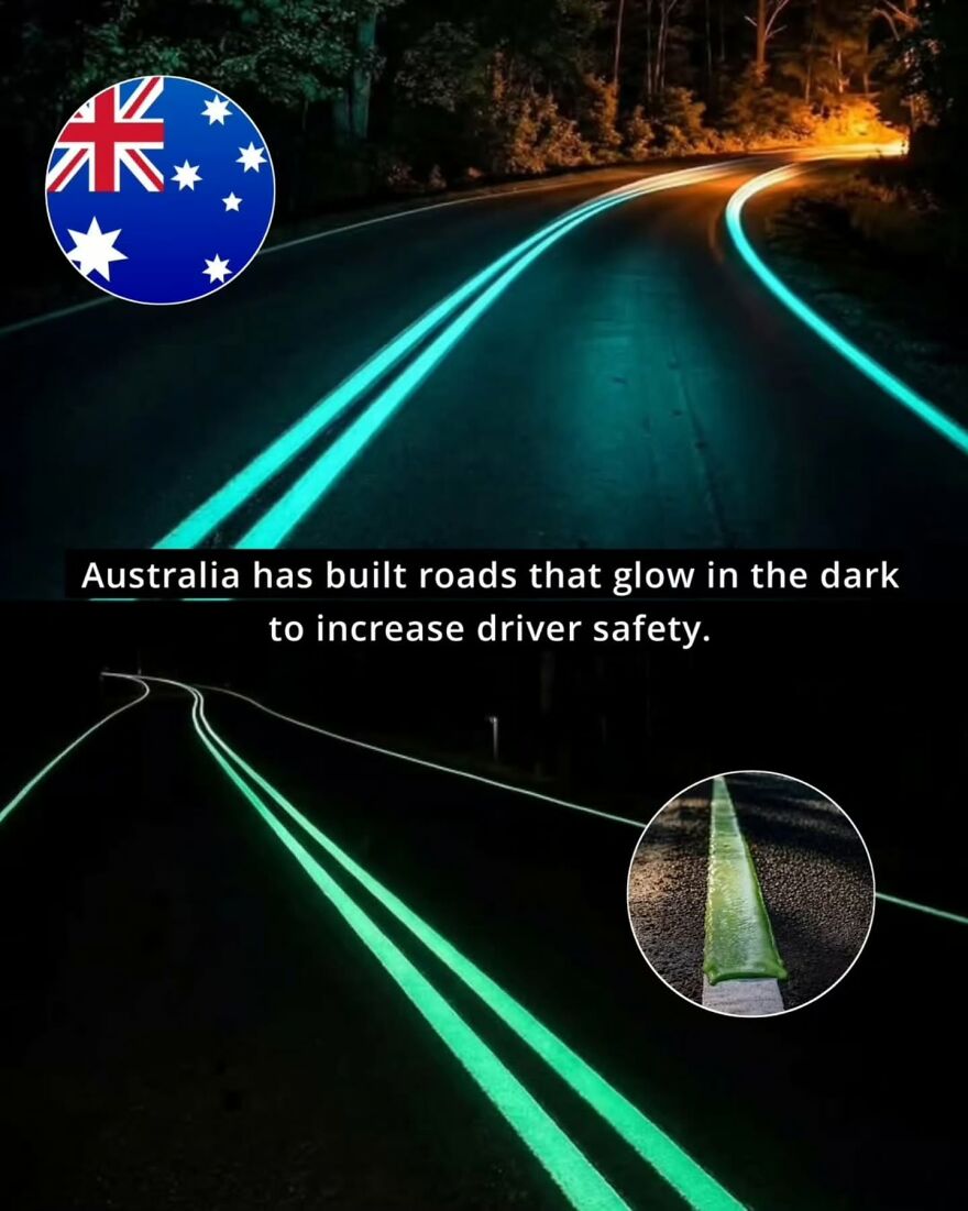 Glowing roads in Australia at night designed to increase driver safety as part of positive news innovations.