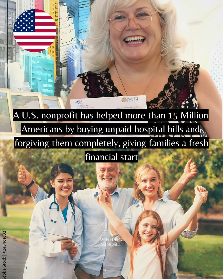 Smiling woman holding forgiven hospital bills and happy family with doctor celebrating good news and financial relief.