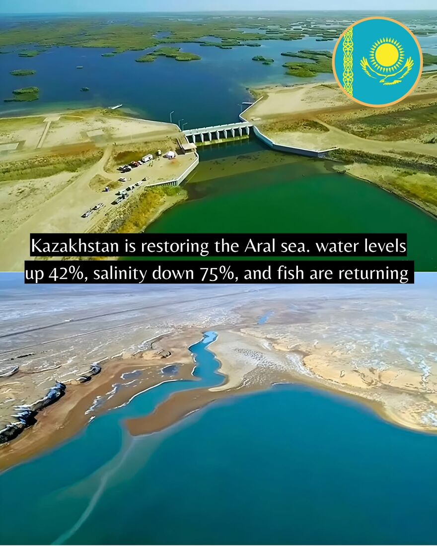 Aerial view of Kazakhstan restoring the Aral Sea with improving water levels and decreasing salinity in positive environmental news.