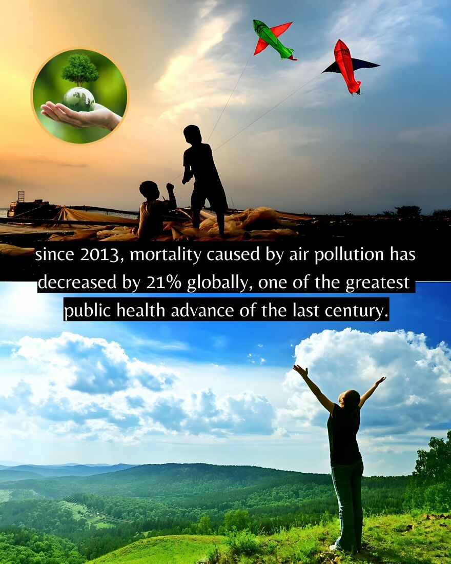 Children flying kites at sunset and person enjoying nature, symbolizing good news and positive health advances globally.