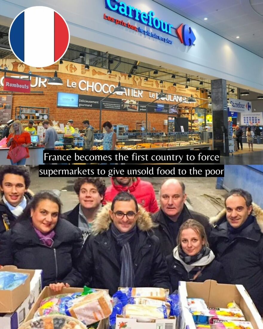 Group of people distributing unsold food from supermarkets in France, highlighting good news about positive change and community support.