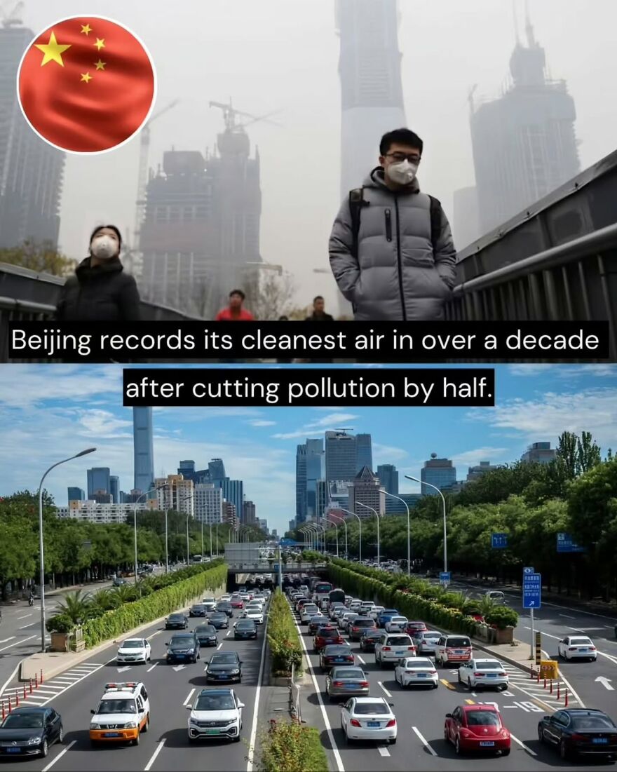 Beijing records cleanest air in over a decade after cutting pollution by half, positive environmental news headline.