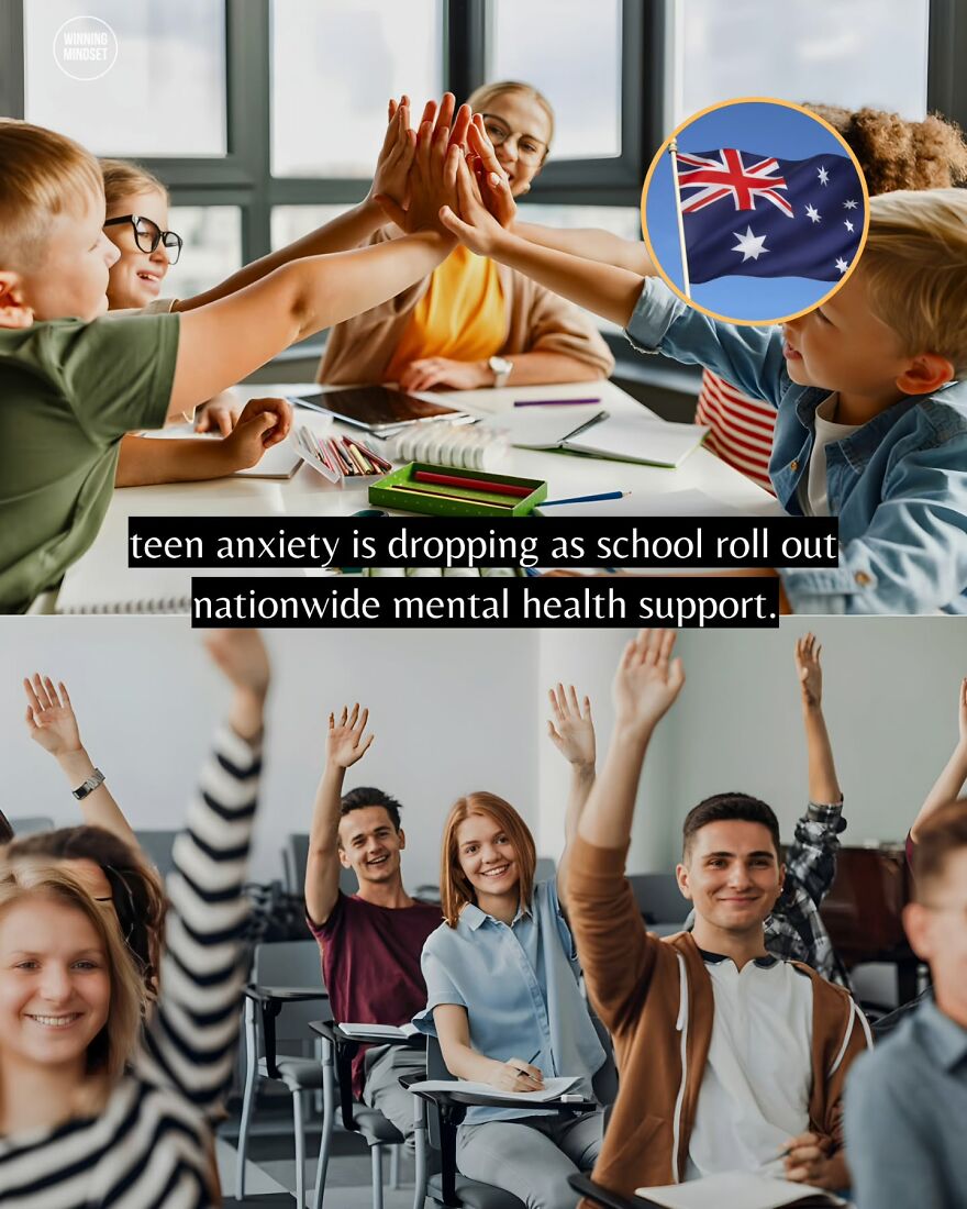 Group of students in classroom showing support and relief as teen anxiety drops with nationwide mental health support.