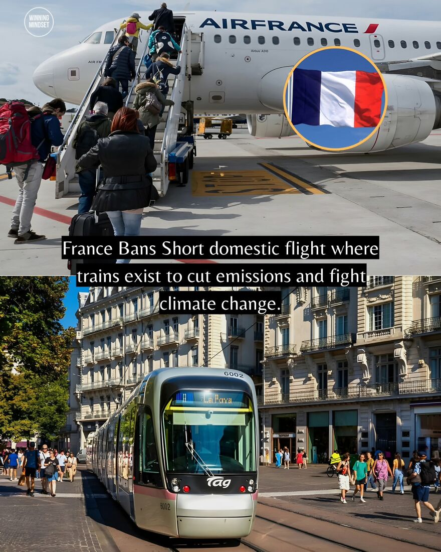 Passengers boarding an Air France plane and a city tram, highlighting good news on climate change and emission cuts.
