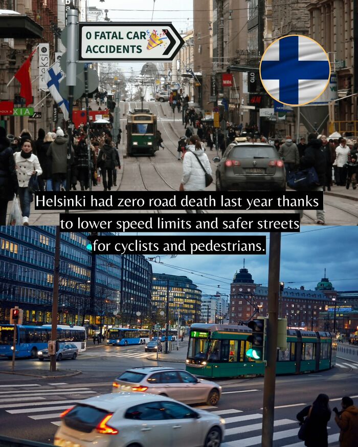 Busy Helsinki streets with trams, cars, and pedestrians highlighting good news from around the world about safer urban living.