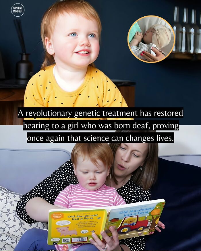 Smiling toddler with restored hearing and a woman reading a book together, highlighting good news from around the world.