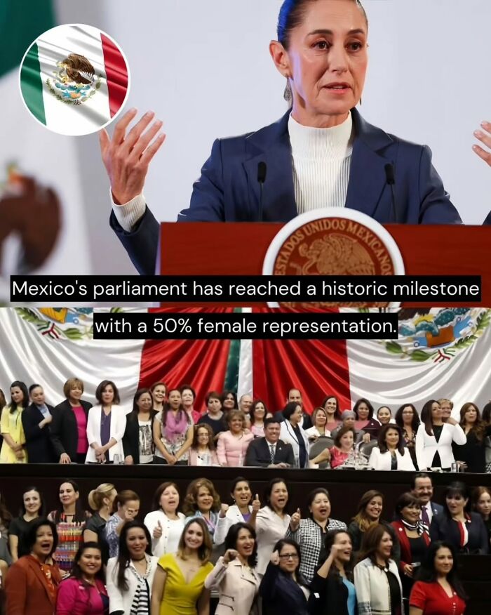 Mexican parliament celebrates historic milestone with 50% female representation, showcasing good news from around the world.