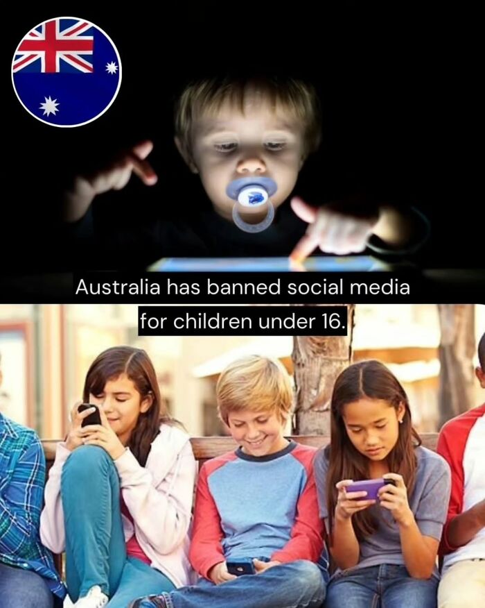 Child using pacifier with tablet and kids using phones, highlighting good news about social media bans for children.