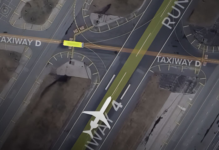 Vista aérea de uma pista de aeroporto e pista de táxi mostrando um avião e um veículo terrestre envolvidos na análise de acidentes da Air Canada LaGuardia. Vista aérea de uma pista de aeroporto e pista de táxi mostrando um avião e um veículo terrestre envolvidos na análise de acidentes da Air Canada LaGuardia.