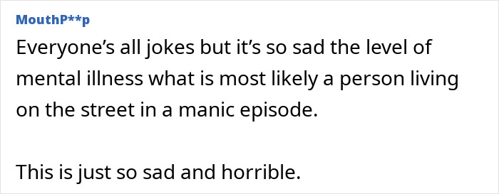 Text comment on a social platform discussing mental illness and a person living on the street in a manic episode.