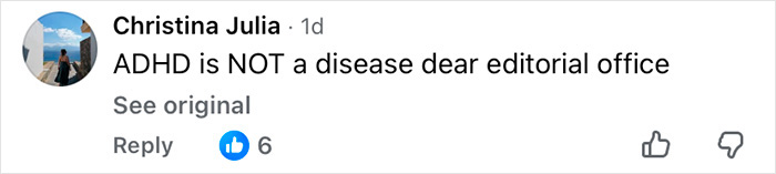 Facebook comment by Christina Julia stating ADHD is not a disease, addressing an editorial office, with 6 likes.