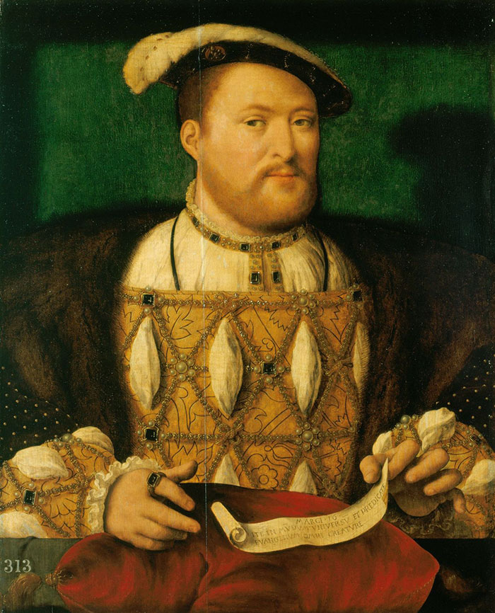 Portrait of King Henry VIII wearing ornate clothing, linked to bizarre claim about time travel detail spotted by netizen.