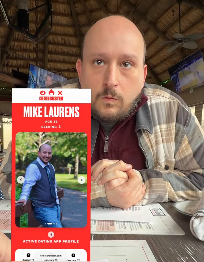 Man sitting at a table with a dating app screen, highlighting a dramatic twist involving Tinder and his wife.
