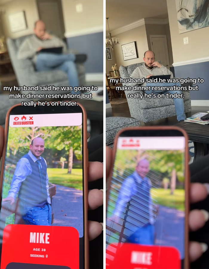 Man sitting on a couch while wife holds phone showing his Tinder profile, highlighting a dramatic twist involving husband and wife.