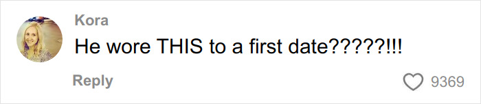Comment from Kora expressing surprise about outfit worn on a first date, with 9369 likes on a social media post about Tinder messaging.