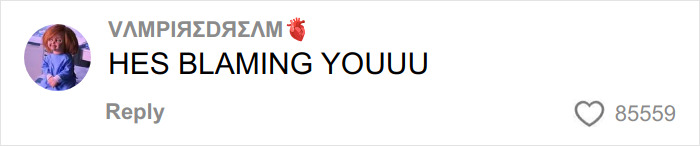 Comment saying hes blaming youuu with 85,559 likes on a social media post about a dramatic Tinder twist.