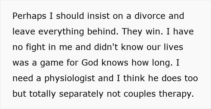 Texto sobre uma mulher que se muda com a família para fugir dos sogros enquanto eles a seguem, marido diz que foi planejado.