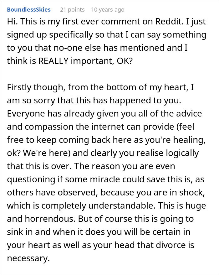 Reddit comment expressing sympathy and support after a man helps pregnant coworker, wife learns the real reason.