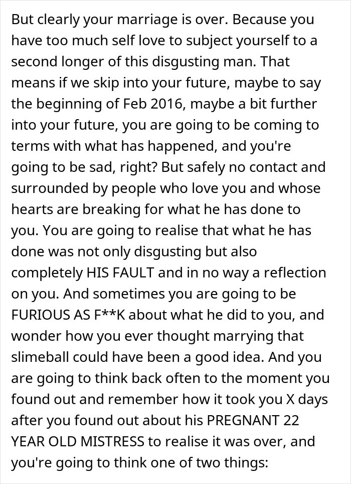 Text excerpt discussing a man’s betrayal involving a pregnant coworker and the impact on his marriage.