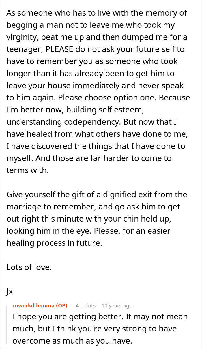 Text post sharing a personal story of healing and codependency after a difficult relationship, from coworkalemma.