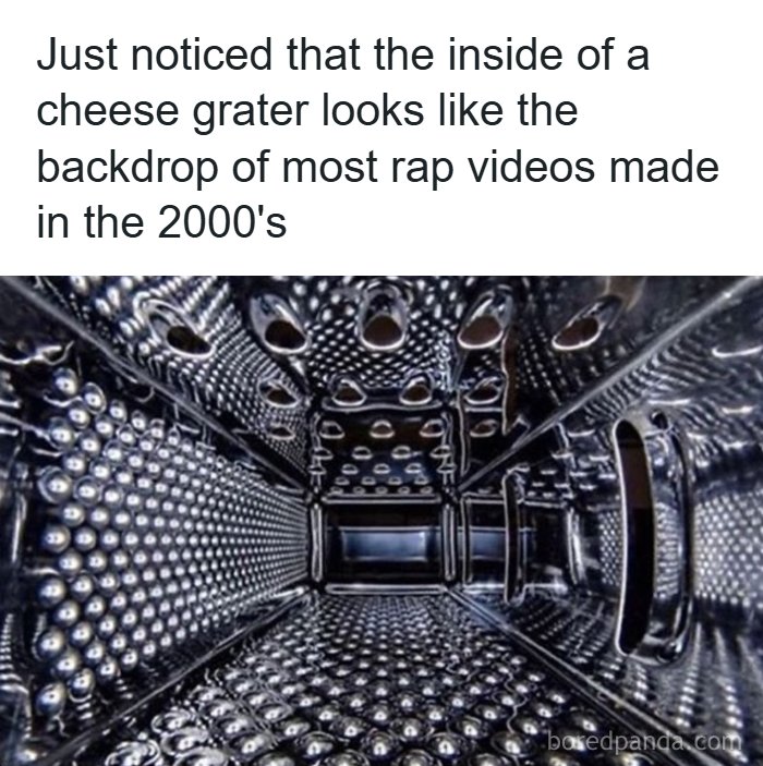 Inside view of a cheese grater resembling the backdrop of rap videos from the 2000s, nostalgic 1990s and 2000s vibes.