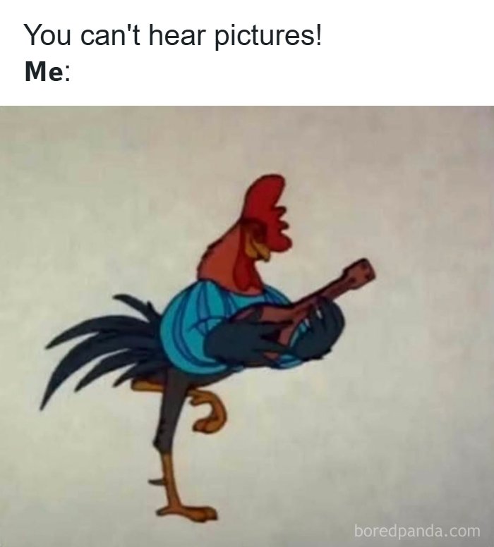 Cartoon rooster wearing a blue shirt and playing a string instrument, a nostalgic 90s moment from past lives.