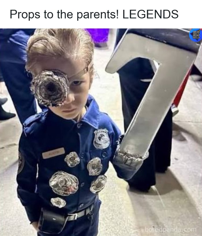 Child dressed as a 90s police officer with fake bullet holes and a number 7 prop, showing 90s life elements no longer exist.