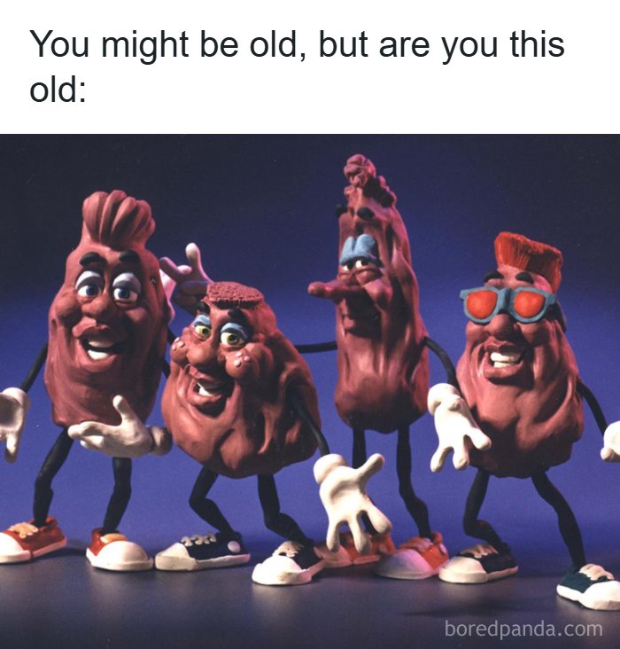 Animated dancing raisins characters from the 90s representing nostalgic parts of our lives that don’t exist anymore