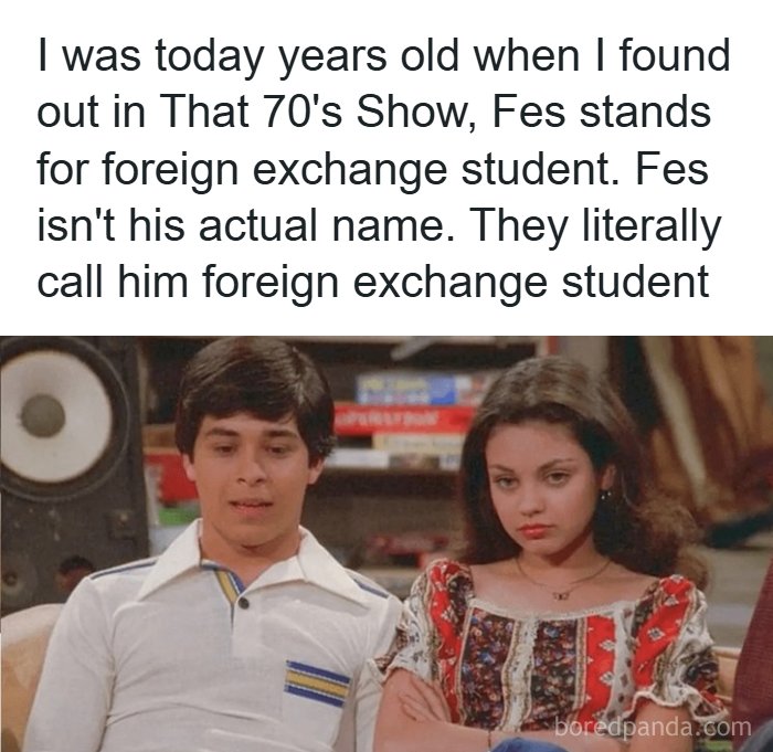 Scene from That 70's Show showing characters Fes and Jackie with text about foreign exchange student meaning from 90s posts.