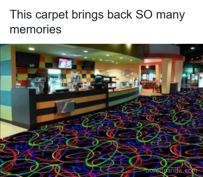 Colorful retro carpet with neon swirl patterns in a 1990s and 2000s inspired entertainment venue interior.