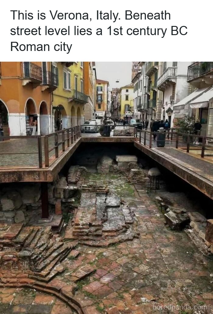 Roman ruins beneath a street in Verona Italy showing unique moments in ancient and recent history.