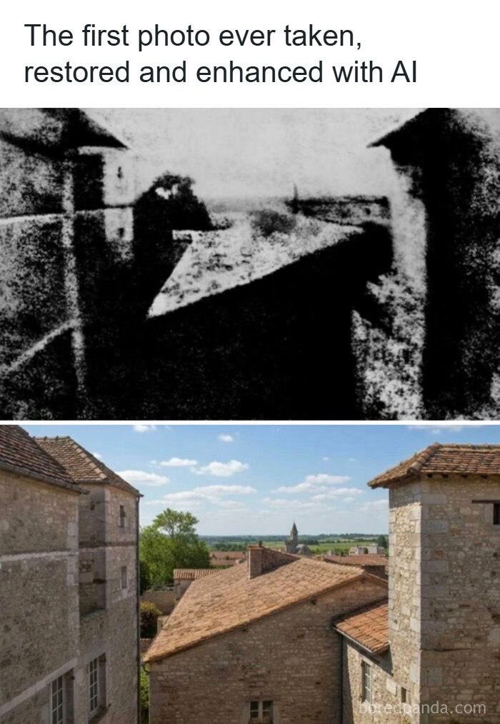 First photo ever taken, restored and enhanced with AI, showing a unique moment in ancient and recent history.